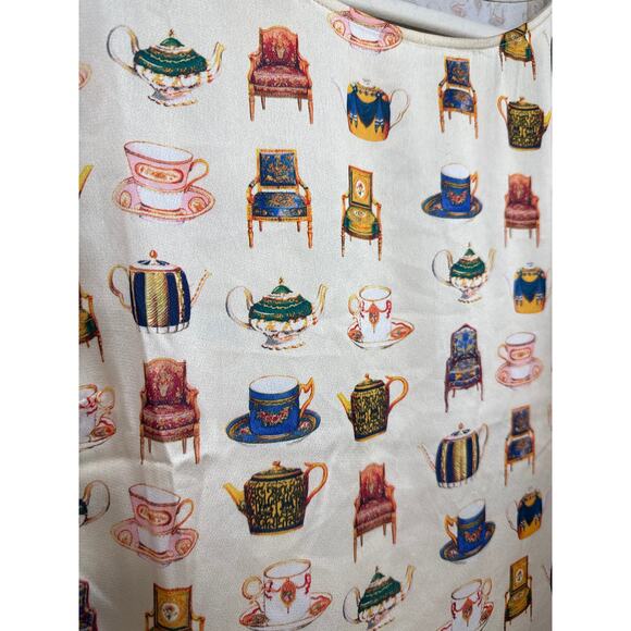 Talbots White Chairs Teacups Victorian Blouse Royal Large Novelty Print Whimsy - Picture 6 of 7